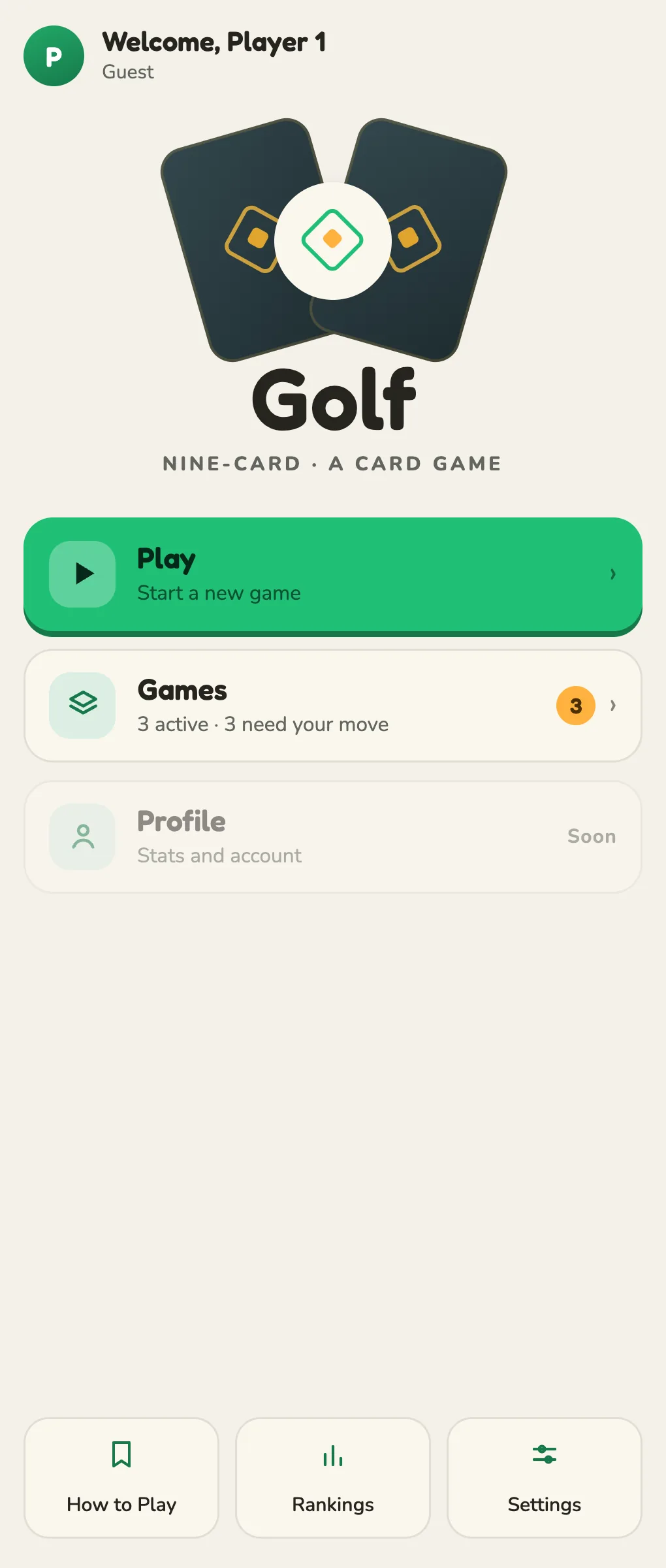 The 9 Card Golf main menu with Play, Games and Profile