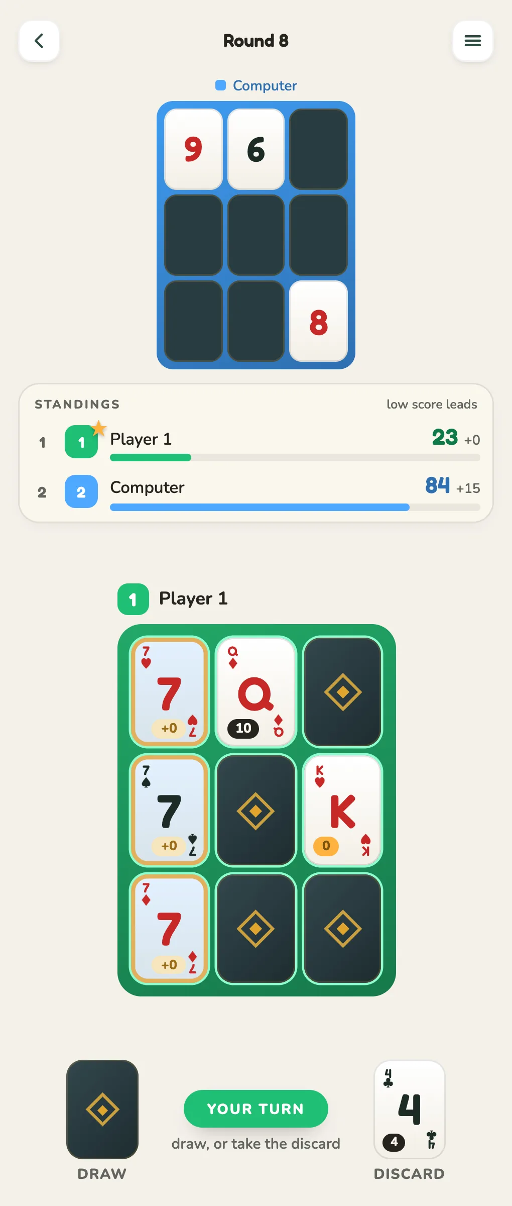 A 9-card Golf board with three sevens filling the left column, each marked +0 because the matched line scores zero