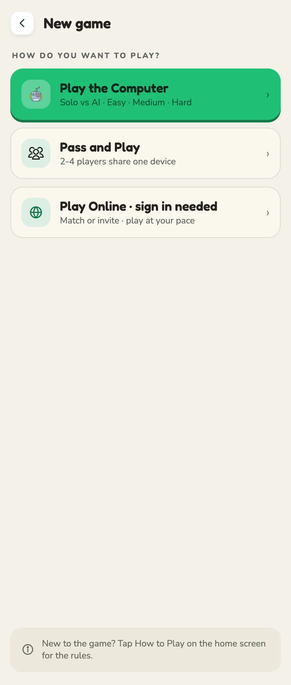 The New game mode picker showing Play the Computer, Pass and Play, and Play Online — sign in needed, match or invite, play at your pace